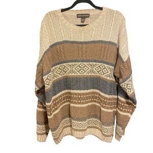 VTG 90s Liberty Sweaters Brown Cream Blue Knit Ribbed Geometric Sweater XL USA